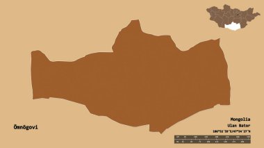 Omnogovi, Moğolistan eyaleti, başkenti sağlam bir zemin üzerinde izole edilmiştir. Uzaklık ölçeği, bölge önizlemesi ve etiketleri. Düzenli desenli dokuların bileşimi. 3B görüntüleme