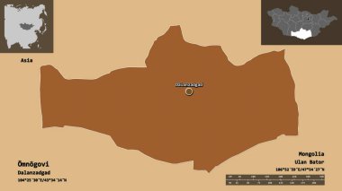 Omnogovi 'nin şekli, Moğolistan ili ve başkenti. Uzaklık ölçeği, ön gösterimler ve etiketler. Düzenli desenli dokuların bileşimi. 3B görüntüleme