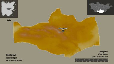 Omnogovi 'nin şekli, Moğolistan ili ve başkenti. Uzaklık ölçeği, ön gösterimler ve etiketler. Topografik yardım haritası. 3B görüntüleme