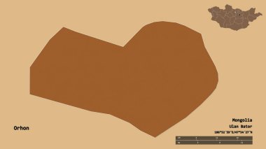 Moğolistan Belediyesi 'nin başkenti Orhon' un sağlam bir arka planda izole edilmiş hali. Uzaklık ölçeği, bölge önizlemesi ve etiketleri. Düzenli desenli dokuların bileşimi. 3B görüntüleme