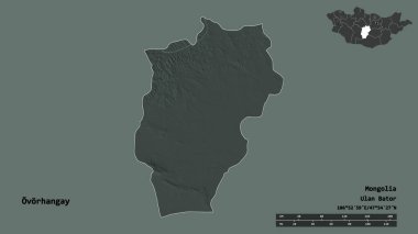 Moğolistan 'ın Ovorhangay şehrinin başkenti sağlam bir arka planda izole edilmiştir. Uzaklık ölçeği, bölge önizlemesi ve etiketleri. Renkli yükseklik haritası. 3B görüntüleme