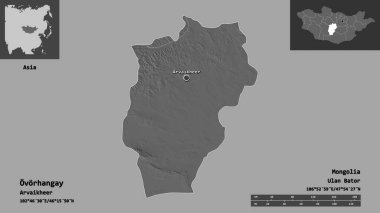 Ovorhangay, Moğolistan ve başkenti. Uzaklık ölçeği, ön gösterimler ve etiketler. Çift seviyeli yükseklik haritası. 3B görüntüleme