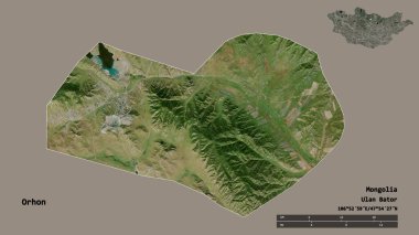 Moğolistan Belediyesi 'nin başkenti Orhon' un sağlam bir arka planda izole edilmiş hali. Uzaklık ölçeği, bölge önizlemesi ve etiketleri. Uydu görüntüleri. 3B görüntüleme