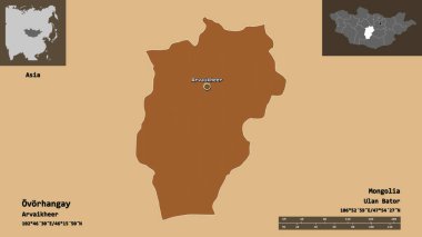 Ovorhangay, Moğolistan ve başkenti. Uzaklık ölçeği, ön gösterimler ve etiketler. Düzenli desenli dokuların bileşimi. 3B görüntüleme