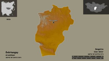 Ovorhangay, Moğolistan ve başkenti. Uzaklık ölçeği, ön gösterimler ve etiketler. Topografik yardım haritası. 3B görüntüleme
