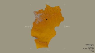 Ovorhangay bölgesi, Moğolistan eyaleti, katı bir arka planda bir sınır kutusunda izole edilmiş. Etiketler. Topografik yardım haritası. 3B görüntüleme