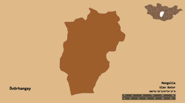 Moğolistan 'ın Ovorhangay şehrinin başkenti sağlam bir arka planda izole edilmiştir. Uzaklık ölçeği, bölge önizlemesi ve etiketleri. Düzenli desenli dokuların bileşimi. 3B görüntüleme