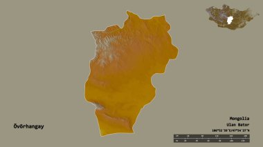 Moğolistan 'ın Ovorhangay şehrinin başkenti sağlam bir arka planda izole edilmiştir. Uzaklık ölçeği, bölge önizlemesi ve etiketleri. Topografik yardım haritası. 3B görüntüleme