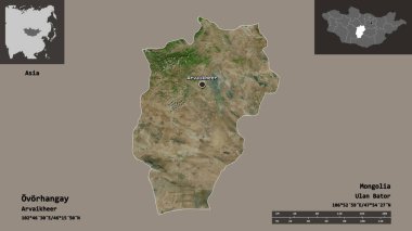 Ovorhangay, Moğolistan ve başkenti. Uzaklık ölçeği, ön gösterimler ve etiketler. Uydu görüntüleri. 3B görüntüleme