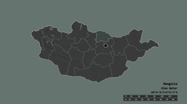 Başkenti, ana bölgesel bölünmesi ve ayrılmış Selenge bölgesiyle birlikte Moğolistan 'ın dejenere edilmiş şekli. Etiketler. Renkli yükseklik haritası. 3B görüntüleme