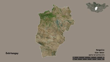 Moğolistan 'ın Ovorhangay şehrinin başkenti sağlam bir arka planda izole edilmiştir. Uzaklık ölçeği, bölge önizlemesi ve etiketleri. Uydu görüntüleri. 3B görüntüleme