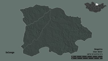 Moğolistan 'ın Selenge şehrinin başkenti sağlam bir zemin üzerinde izole edilmiştir. Uzaklık ölçeği, bölge önizlemesi ve etiketleri. Renkli yükseklik haritası. 3B görüntüleme