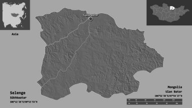 Selenge Şekli, Moğolistan ili ve başkenti. Uzaklık ölçeği, ön gösterimler ve etiketler. Çift seviyeli yükseklik haritası. 3B görüntüleme