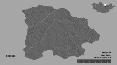 Moğolistan 'ın Selenge şehrinin başkenti sağlam bir zemin üzerinde izole edilmiştir. Uzaklık ölçeği, bölge önizlemesi ve etiketleri. Çift seviyeli yükseklik haritası. 3B görüntüleme