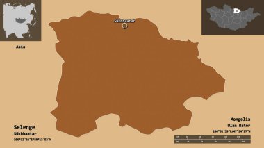 Selenge Şekli, Moğolistan ili ve başkenti. Uzaklık ölçeği, ön gösterimler ve etiketler. Düzenli desenli dokuların bileşimi. 3B görüntüleme