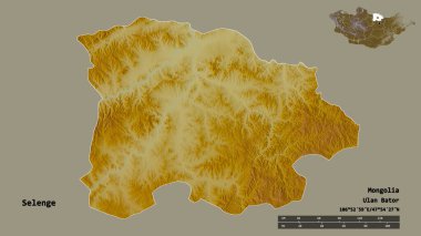 Moğolistan 'ın Selenge şehrinin başkenti sağlam bir zemin üzerinde izole edilmiştir. Uzaklık ölçeği, bölge önizlemesi ve etiketleri. Topografik yardım haritası. 3B görüntüleme