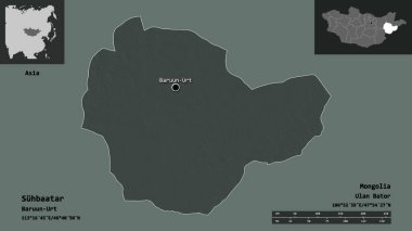 Suhbaatar 'ın şekli, Moğolistan ili ve başkenti. Uzaklık ölçeği, ön gösterimler ve etiketler. Renkli yükseklik haritası. 3B görüntüleme