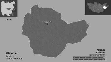 Suhbaatar 'ın şekli, Moğolistan ili ve başkenti. Uzaklık ölçeği, ön gösterimler ve etiketler. Çift seviyeli yükseklik haritası. 3B görüntüleme