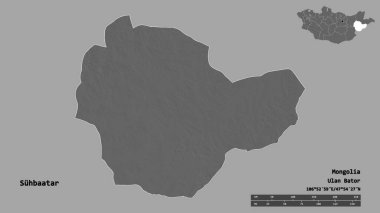 Moğolistan 'ın Suhbaatar şehrinin başkenti sağlam bir zemin üzerinde izole edilmiştir. Uzaklık ölçeği, bölge önizlemesi ve etiketleri. Çift seviyeli yükseklik haritası. 3B görüntüleme