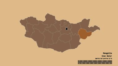 Başkenti, ana bölgesel bölünmesi ve ayrılmış Suhbaatar bölgesiyle Moğolistan 'ın dejenere bir şekli. Etiketler. Düzenli desenli dokuların bileşimi. 3B görüntüleme