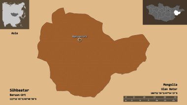 Suhbaatar 'ın şekli, Moğolistan ili ve başkenti. Uzaklık ölçeği, ön gösterimler ve etiketler. Düzenli desenli dokuların bileşimi. 3B görüntüleme