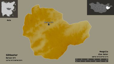 Suhbaatar 'ın şekli, Moğolistan ili ve başkenti. Uzaklık ölçeği, ön gösterimler ve etiketler. Topografik yardım haritası. 3B görüntüleme
