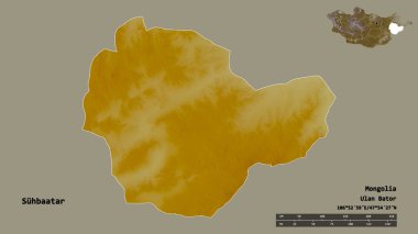 Moğolistan 'ın Suhbaatar şehrinin başkenti sağlam bir zemin üzerinde izole edilmiştir. Uzaklık ölçeği, bölge önizlemesi ve etiketleri. Topografik yardım haritası. 3B görüntüleme