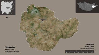 Suhbaatar 'ın şekli, Moğolistan ili ve başkenti. Uzaklık ölçeği, ön gösterimler ve etiketler. Uydu görüntüleri. 3B görüntüleme