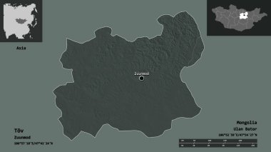 Tov 'un şekli, Moğolistan vilayeti ve başkenti. Uzaklık ölçeği, ön gösterimler ve etiketler. Renkli yükseklik haritası. 3B görüntüleme