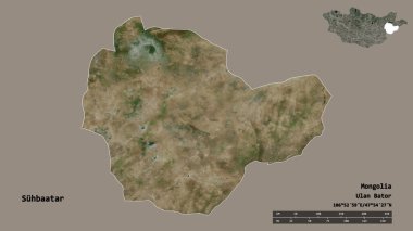 Moğolistan 'ın Suhbaatar şehrinin başkenti sağlam bir zemin üzerinde izole edilmiştir. Uzaklık ölçeği, bölge önizlemesi ve etiketleri. Uydu görüntüleri. 3B görüntüleme