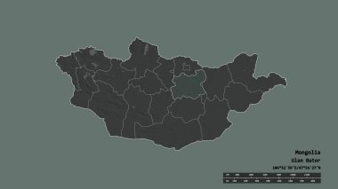 Başkenti, ana bölgesel bölümü ve ayrılan Tov bölgesiyle birlikte Moğolistan 'ın dejenere edilmiş şekli. Etiketler. Renkli yükseklik haritası. 3B görüntüleme