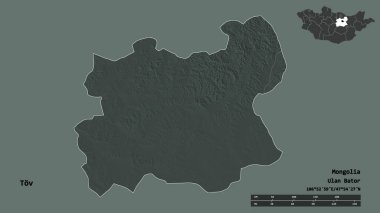 Tov, Moğolistan eyaleti, başkenti sağlam bir zemin üzerinde izole edilmiştir. Uzaklık ölçeği, bölge önizlemesi ve etiketleri. Renkli yükseklik haritası. 3B görüntüleme