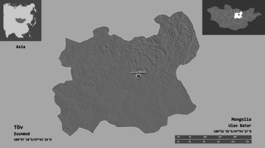 Tov 'un şekli, Moğolistan vilayeti ve başkenti. Uzaklık ölçeği, ön gösterimler ve etiketler. Çift seviyeli yükseklik haritası. 3B görüntüleme