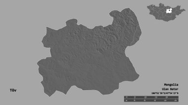 Tov, Moğolistan eyaleti, başkenti sağlam bir zemin üzerinde izole edilmiştir. Uzaklık ölçeği, bölge önizlemesi ve etiketleri. Çift seviyeli yükseklik haritası. 3B görüntüleme