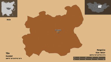 Tov 'un şekli, Moğolistan vilayeti ve başkenti. Uzaklık ölçeği, ön gösterimler ve etiketler. Düzenli desenli dokuların bileşimi. 3B görüntüleme