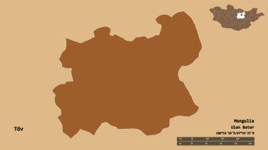 Tov, Moğolistan eyaleti, başkenti sağlam bir zemin üzerinde izole edilmiştir. Uzaklık ölçeği, bölge önizlemesi ve etiketleri. Düzenli desenli dokuların bileşimi. 3B görüntüleme