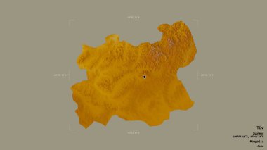 Tov bölgesi, Moğolistan bölgesi, katı bir arka planda izole edilmiş bir sınır kutusunda. Etiketler. Topografik yardım haritası. 3B görüntüleme