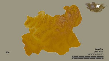 Tov, Moğolistan eyaleti, başkenti sağlam bir zemin üzerinde izole edilmiştir. Uzaklık ölçeği, bölge önizlemesi ve etiketleri. Topografik yardım haritası. 3B görüntüleme