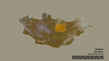 Başkenti, ana bölgesel bölümü ve ayrılan Tov bölgesiyle birlikte Moğolistan 'ın dejenere edilmiş şekli. Etiketler. Topografik yardım haritası. 3B görüntüleme