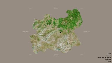 Tov bölgesi, Moğolistan bölgesi, katı bir arka planda izole edilmiş bir sınır kutusunda. Etiketler. Uydu görüntüleri. 3B görüntüleme