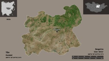 Tov 'un şekli, Moğolistan vilayeti ve başkenti. Uzaklık ölçeği, ön gösterimler ve etiketler. Uydu görüntüleri. 3B görüntüleme