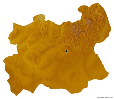 Beyaz arka planda başkenti izole edilmiş Tov, Moğolistan eyaleti. Topografik yardım haritası. 3B görüntüleme