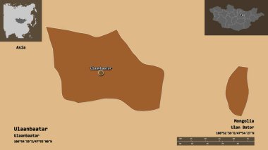 Ulaanbaatar 'ın şekli, Moğolistan belediyesi ve başkenti. Uzaklık ölçeği, ön gösterimler ve etiketler. Düzenli desenli dokuların bileşimi. 3B görüntüleme