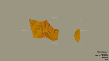 Ulaanbaatar bölgesi, Moğolistan belediyesi, Gürcistan sınırında sağlam bir arka planda izole edilmiş. Etiketler. Topografik yardım haritası. 3B görüntüleme