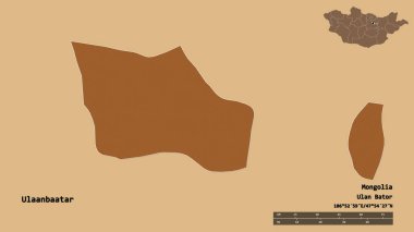 Moğolistan Belediyesi 'nin başkenti olan Ulaanbaatar' ın şekli sağlam bir zemin üzerinde izole edilmiştir. Uzaklık ölçeği, bölge önizlemesi ve etiketleri. Düzenli desenli dokuların bileşimi. 3B görüntüleme