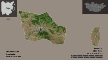 Ulaanbaatar 'ın şekli, Moğolistan belediyesi ve başkenti. Uzaklık ölçeği, ön gösterimler ve etiketler. Uydu görüntüleri. 3B görüntüleme