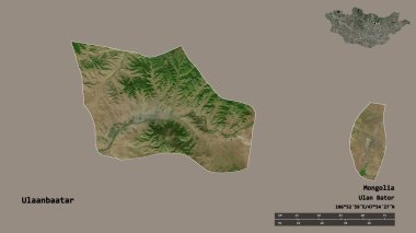 Moğolistan Belediyesi 'nin başkenti olan Ulaanbaatar' ın şekli sağlam bir zemin üzerinde izole edilmiştir. Uzaklık ölçeği, bölge önizlemesi ve etiketleri. Uydu görüntüleri. 3B görüntüleme