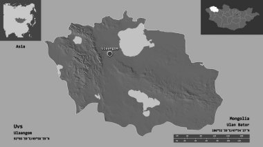 Uvların şekli, Moğolistan ili ve başkenti. Uzaklık ölçeği, ön gösterimler ve etiketler. Çift seviyeli yükseklik haritası. 3B görüntüleme