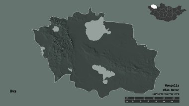 Moğolistan 'ın başkenti sağlam bir zemin üzerinde izole edilmiş Uvların şeklidir. Uzaklık ölçeği, bölge önizlemesi ve etiketleri. Renkli yükseklik haritası. 3B görüntüleme