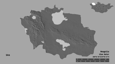 Moğolistan 'ın başkenti sağlam bir zemin üzerinde izole edilmiş Uvların şeklidir. Uzaklık ölçeği, bölge önizlemesi ve etiketleri. Çift seviyeli yükseklik haritası. 3B görüntüleme
